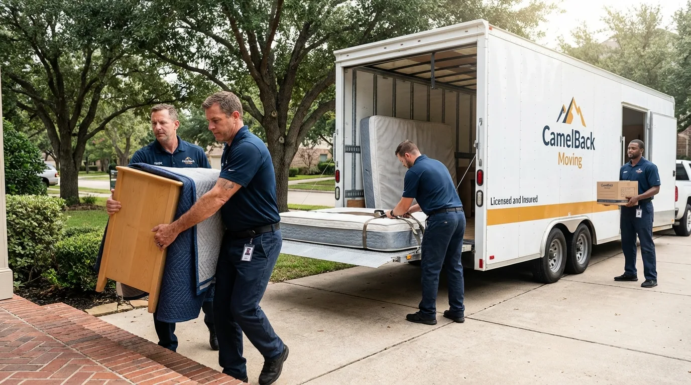 Crew loading residential truck for cross-state move from Mathews, VA