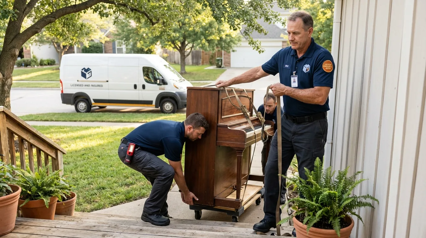 Licensed piano movers securing grand piano in Mathews, VA